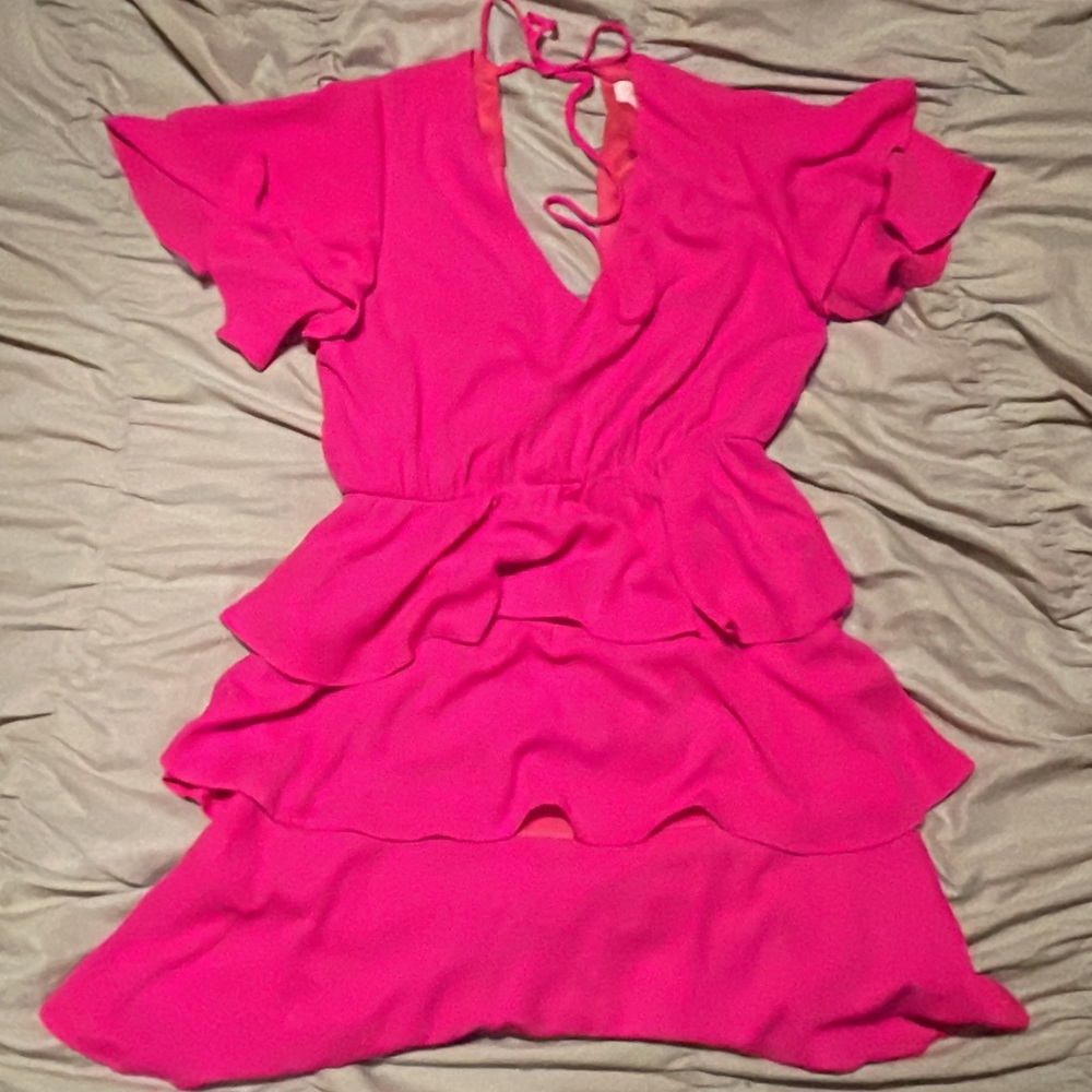 Pink Lily Ruffle Tiered Hot Pink dress with ties